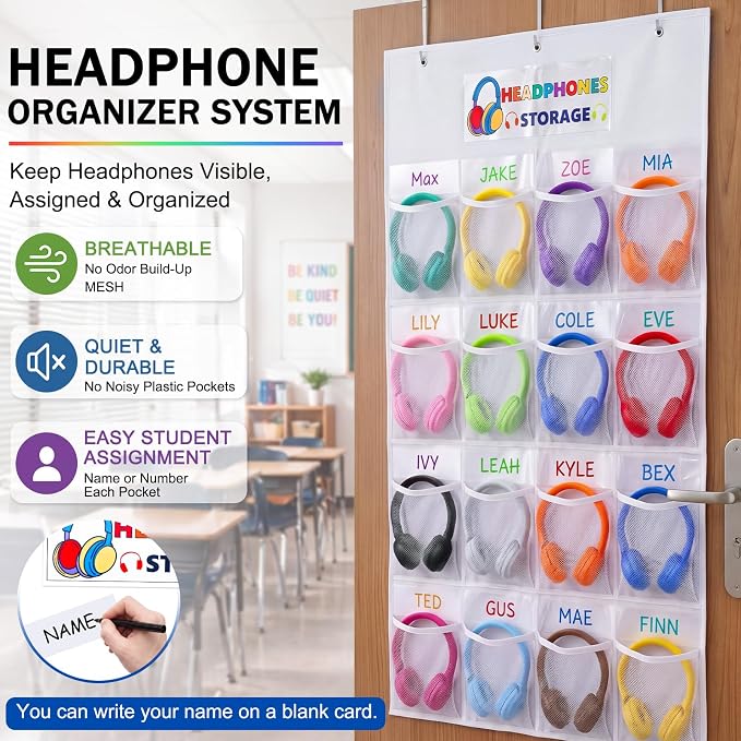 AmazingSpark 2 Pcs Classroom Headphone Storage 32 Pockets Thickened Non-woven Fabric Mesh Pocket Chart Over The Door Hanging Cell Phone Organizer with Signed Card for Back to School Classroom Library
