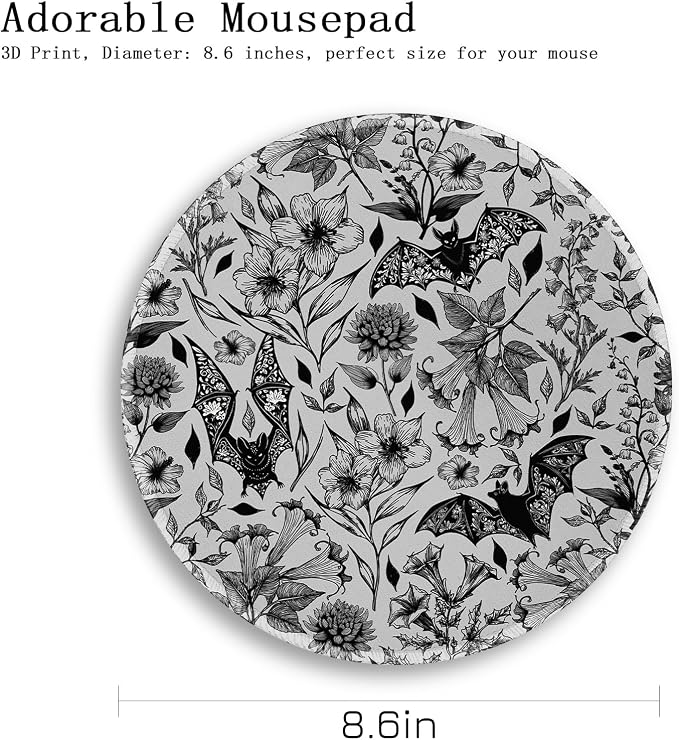 Gctriki Goth Floral Bat Mouse Pad for Desk, Funny Round Mousepad for Computer Laptop Gaming Stitched Edge Non-Slip Rubber Base, Gothic Gifts Home Office Desk Accessories Decor Supplies for Women