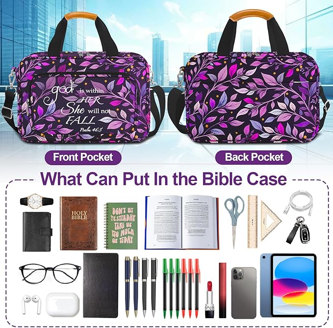 Bible Cover Case for Women,Bible Carrier,Bible Holder,Large Bible Bag for Women Organizer,God is Within Her She Will Not Fall,Bible Study Supplies Kit With Highlighters,Tabs,Pens,Christian Gift Purple
