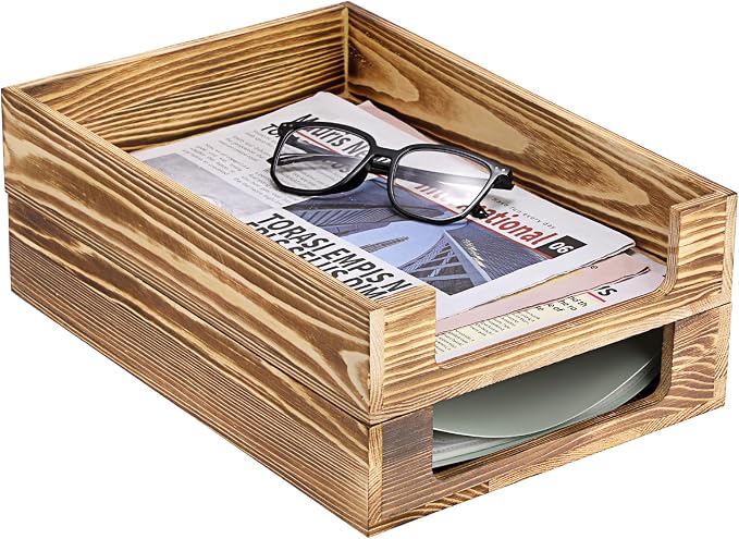 BTSKY Wood Letter Tray Front-Load Document Organizer for Office Desktop Organizer - Desk Magazine, File Folder, Paper Holder - Stackable Paper Document File Tray, 2 Pack