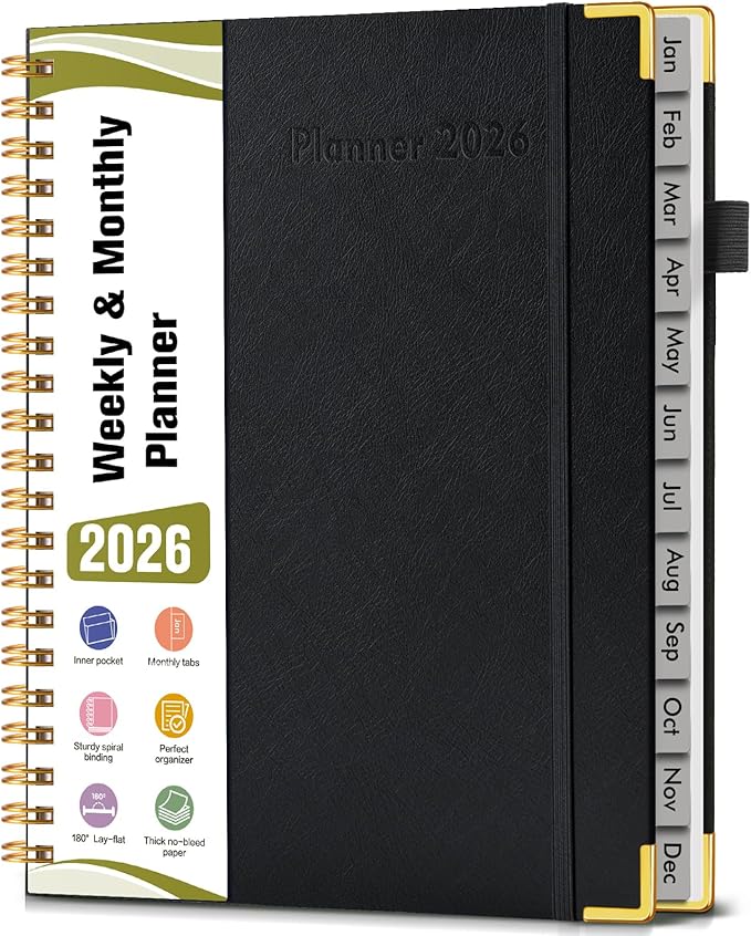 2026 Planner, Hardcover Leather Weekly and Monthly Planner, January 2026 - December 2026, Spiral Yearly Agenda Organizer Book 2026 with Tabs, Daily Calendar Planners for School Work Home, A4 (8.5" x 11"), Black