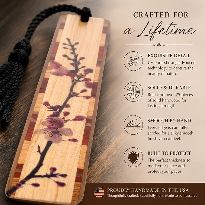 Cherry Blossom Sakura Personalized Wooden Bookmark | Custom Japanese Botanical Floral Gift for Gardeners, Flower Lovers, Plant Lovers, Nature Lovers & Readers | Handmade in the USA