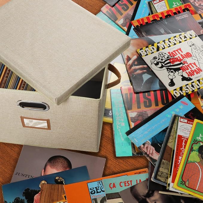 12-Inch Vinyl Record Storage Boxes with Lids and Handles, Stylish and Practical LP Record Organizer for 100+ Single Records, Suitable for Living Room, Study, Concert Hall or Office (Beige, 17"-4 Pack)