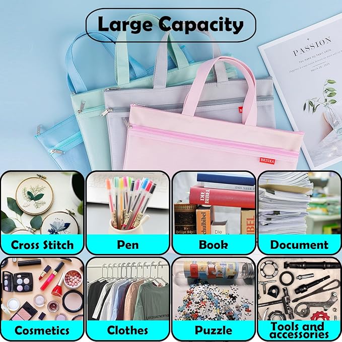 Mesh Zipper Pouch 11x13.7 in, A4 Double Pocket Waterproof File Bag with Handle, Document Storage for School/Travel/Office/Cross Stitch/Puzzle (Blue)