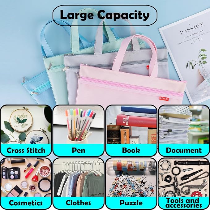 Mesh Zipper Pouch 11x13.7 in, A4 Double Pocket Waterproof File Bag with Handle, Document Storage for School/Travel/Office/Cross Stitch/Puzzle (Gray)