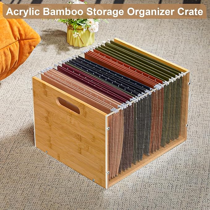 Sbanmao 3 Pack Hanging File Organizer, Clear Acrylic File Box Organizer, Bamboo Filing Box File Crate Organizer Storage Boxes, Portable Filing Organizer with Handle for Letter Size