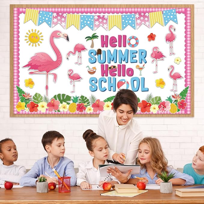 Summer Flamingo Bulletin Board Tropical Hawaiian Classroom Bulletin Board Decorations Pink Flamingo Palm Leaf Cutouts for Hello Summer Hawaiian Back to School Library Window Chalkboard Wall Decor