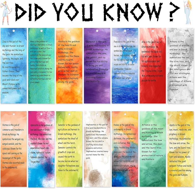 Greek Mythology Bookmarks, 14pcs Olympians Gods Bookmarks, Htabiol Greek Mythology Gifts for Kids, Olympians God Favors for Classroom, Fit for Percy Jackson Birthday Party, Camp Half Blood Party