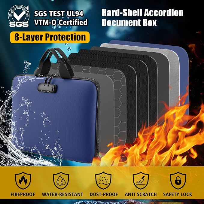 Fireproof Document Box with Combination Lock, Hard-Shell Fireproof File Organizer for Legal Documents, Laptop, Valuables & Important Papers, 13-Pocket Accordion File Folder