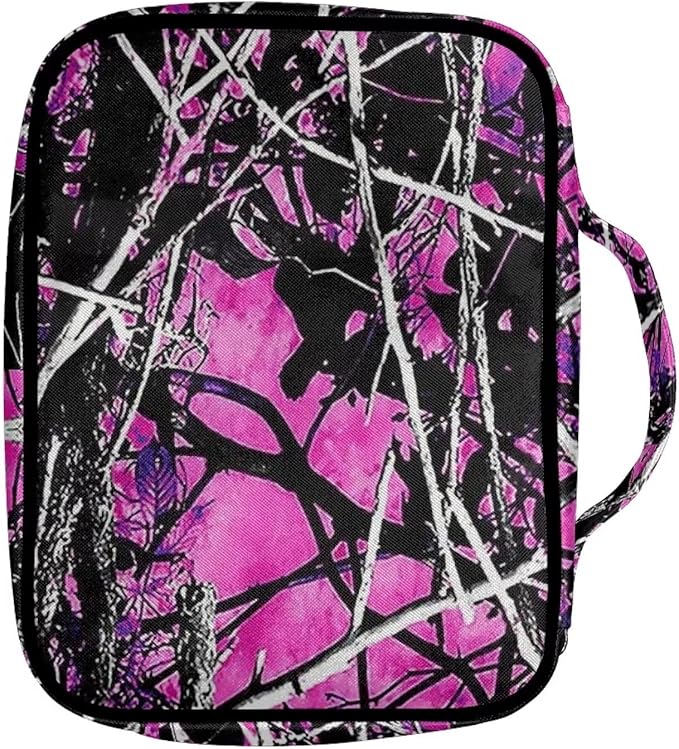 Suobstales Forest Camouflage Bible Cover Bible Case for Women Girls Pink Hunting Camo Carrying Book Cover Church Bag Bible Protective Bag with Handle and Zippered Pocket