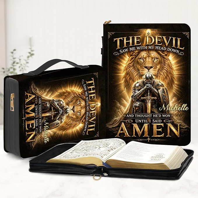 Personalized Man of God Bible Cover for Men, Christian PU Leather Bible Case with Handle Zipper, God Says I Am Warrior Scripture Bible Holder, Religious Gift for Men (Knee Before God)