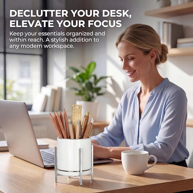 Ceramic Pencil Cup for Desk, White and Black Pen Holder for Desk, Desktop Makeup Brush Holder, Black Ceramic Pencil Holder