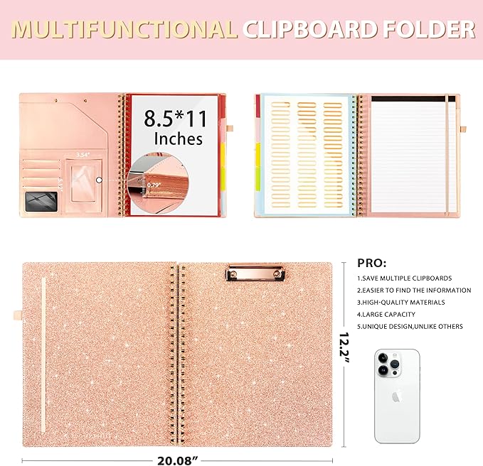 Ospelelf Clipboard with Storage for Women, Leather Padfolio Portfolio Organizer 5 Folders with 10 Pockets, Spiral Clipboard Folio with Notepad for Letter Size, Elastic Closure and Pen Loop Rose Gold
