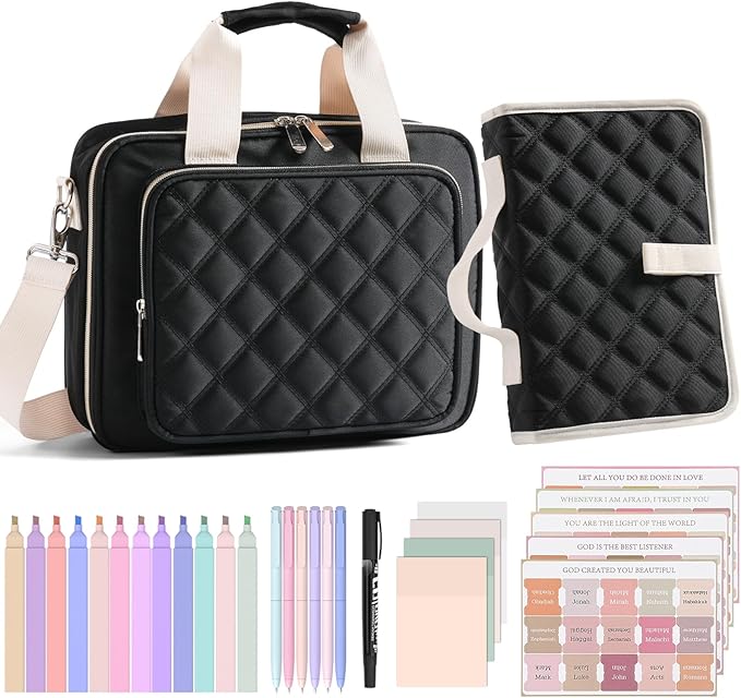 Nicpro Large Bible Bag with Bible Cover Case for Women, Church Bag with Shoulder Strap,Quilted Cover for Bible Study Supplies Journaling Kit with Tabs Notes Highlighters Pens Christian Gifts for Women