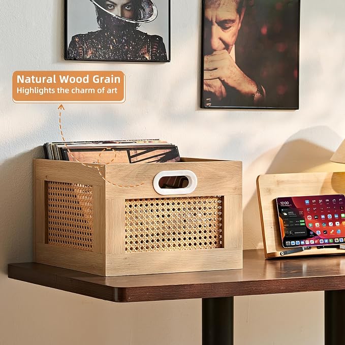 LELELINKY Vinyl Record Storage Crate, Rattan Vinyl Record Holder with Handle, Natural Wood Record Crate for Vinyls Holder up to 75 LP's, Desktop Cube Album Storage for Vinyls Records