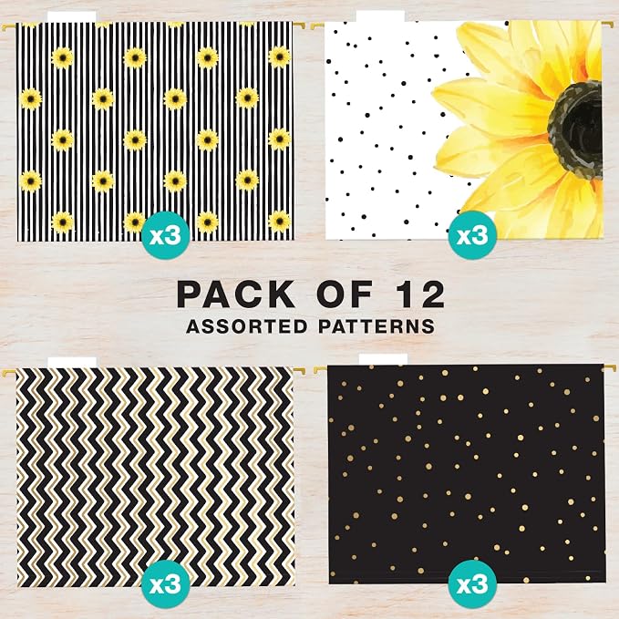 Global Printed Products Deluxe Designer Printed Hanging File Folders, 4 Patterns, Letter Size, 12/pk (Sunflower)