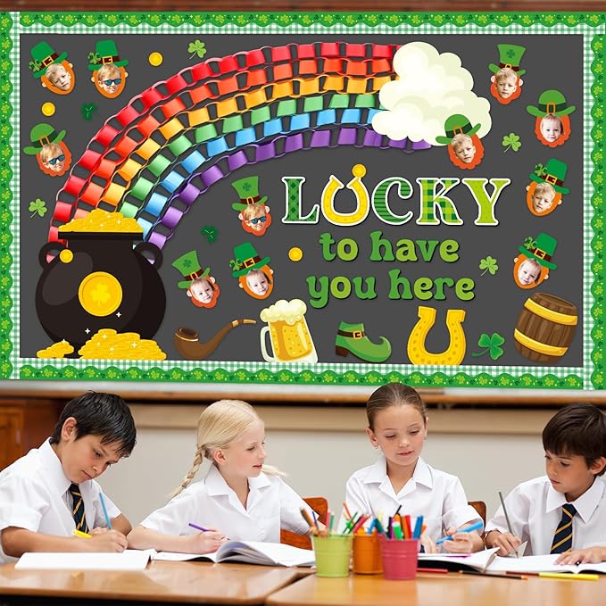 St. Patrick's Day Bulletin Board Classroom Decorations Shamrock 3D Rainbow Gold Coin Cutouts DIY Craft Photos Bulletin Board for Teacher Nursery Classroom Door Wall Decor St. Patrick Party Supplies
