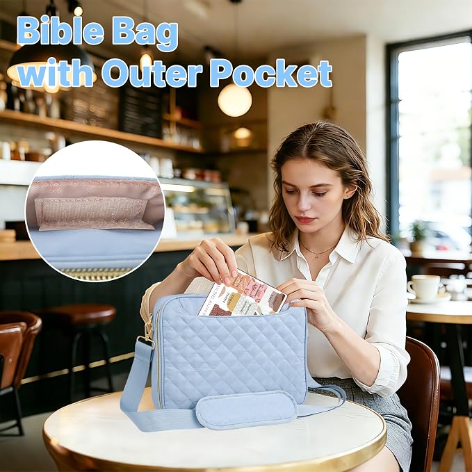 PUGPIU Bible Cover Case for Women, Large Quilted Bible Bag with Shoulder Strap and Handle, Bible Study Supplies Journaling Kit with Highlighters Pens No Bleed Tabs Notebook Cross Clips (Light Blue)