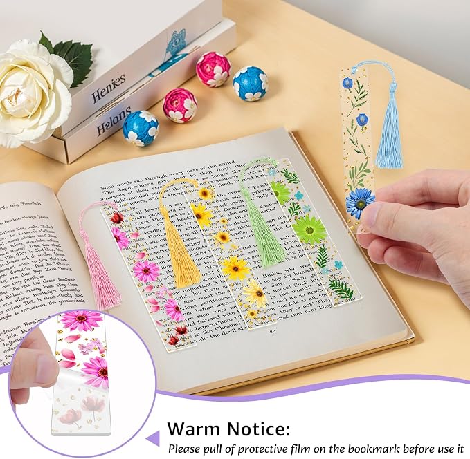 4 Pieces Pressed Flower Bookmarks for Men Women Book Lovers, Dried Flower Bookmarks with Tassels Transparent Acrylic Bookmark Floral Dried Flowers Page Marker for Reading Lover Students Teachers