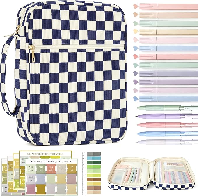 Bible Cover case for Women,Large Bible Bag,Bible Study Supplies,Checkered Corduroy Bible Case for Girls,Christian Gifts for Women,Mother's Day(Blue Large)
