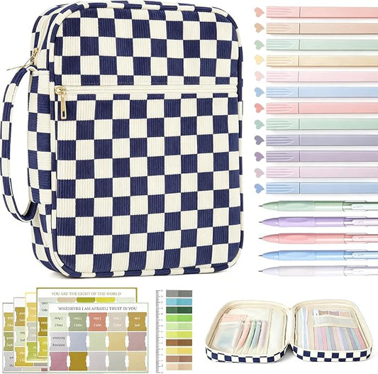 Bible Cover case for Women,Large Bible Bag,Bible Study Supplies,Checkered Corduroy Bible Case for Girls,Christian Gifts for Women,Mother's Day(Blue Large)