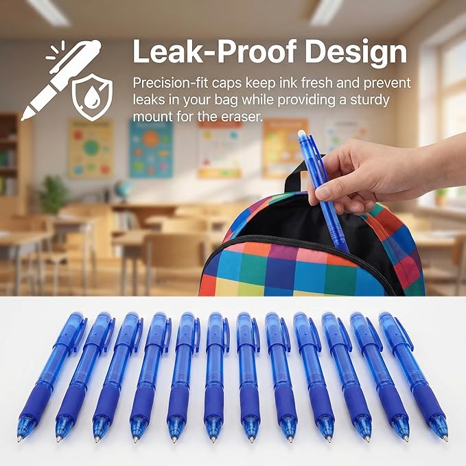 Volcanics Blue Erasable Gel Pens, 0.7mm Fine Point Gel Erasable Pens - Compatible with Rocketbook, 12 Pack, Smooth Writing Pens Pencil-Like Precision for School & Office