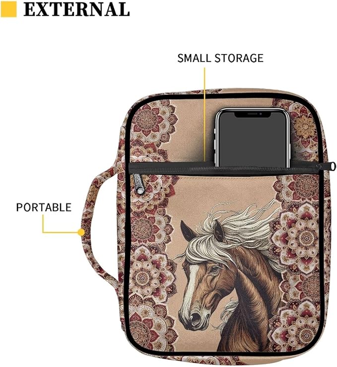 Suobstales Boho Mandala Horse Print Bible Cover Carrying Book Case for Women Men Lightweight Bible Bag Bible Protective with Handle and Zippered Pocket