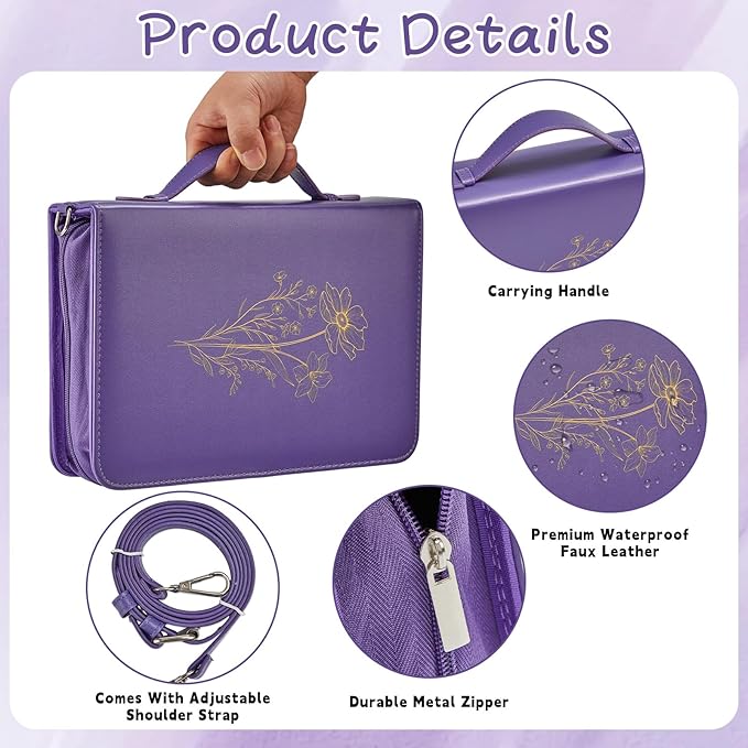 19PCS Floral Purple Leather Bible Cover for Women Bible Cover Cases for Teen Girls Christmas Gift Christian Church Carrying Bag Journaling Kit with Shoulder Strap Highlighter Pens & Book Marker