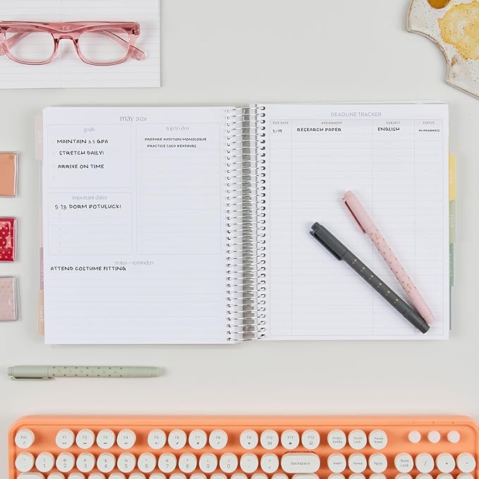 7x9 Coiled Academic Planner (January 2026 - December 2026) - Fruity Cherry cover, Pastel Minimal theme, platinum coil