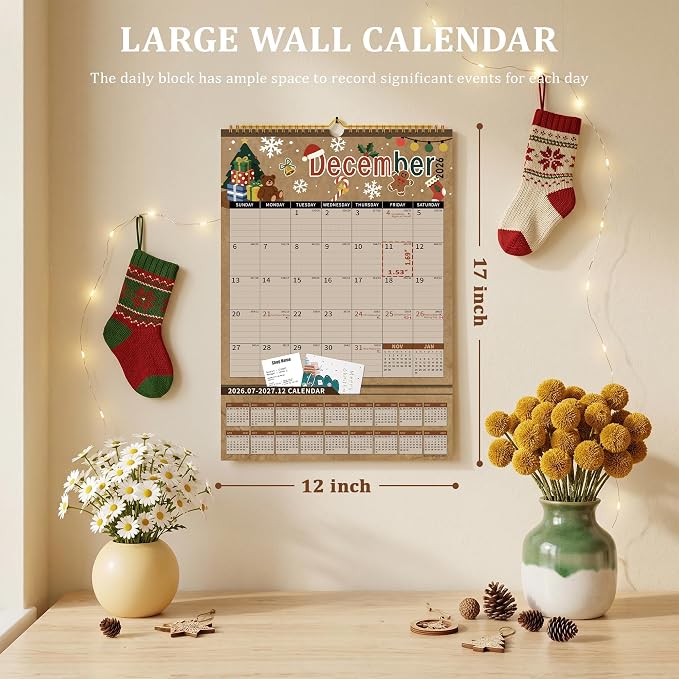 Ospelelf Wall Calendar 2026-2027 with Storage Pockets, 17" X 12" Monthly Large Planner Pad with Protective Cover and Stickers, for Family Fridge Office Teacher School, Use July 2026 to December 2027 Kraft Season
