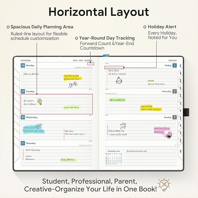 Planner 2026-2027 Weekly & Monthly Planner, 18 Month Academic Calendar July 2026 – Dec 2027, Horizontal Layout with Monthly Tabs, Textured Fabric Hardcover, Grey
