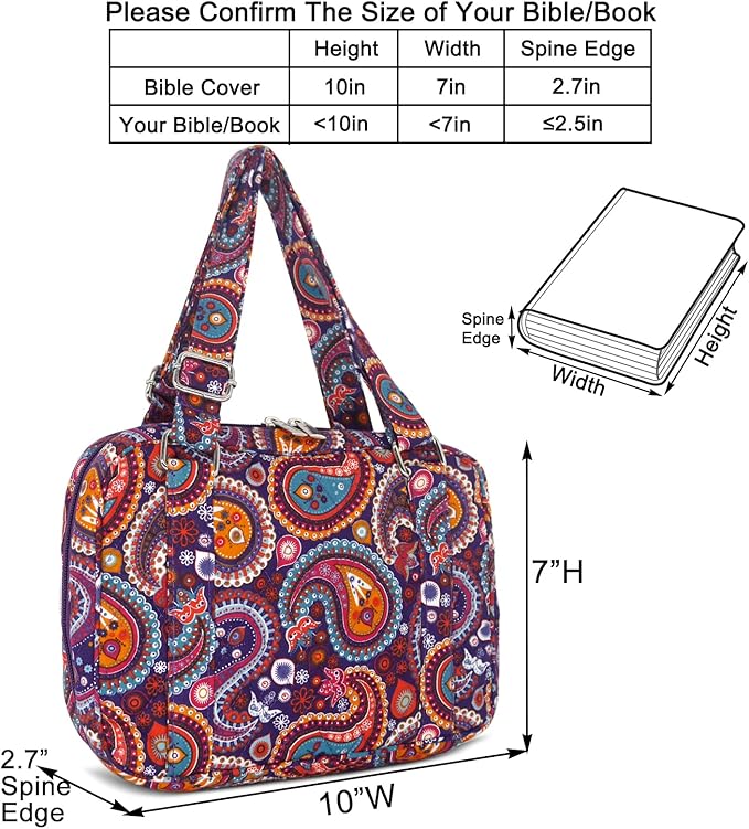 Bible Cover for Women with Adjustable Straps, Large Study Bible Carrying Case Bag with Zip Pocket, 10x7x2.7 Inches