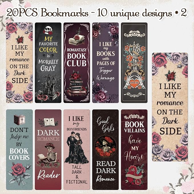 Wxiben Dark Romance Bookmarks Gifts - 20PCS Gothic Book Marks Skeleton Flower Book Markers Double Sided Romantasy Bookmarks Gift for Women Girls Dark Romance Reader Book Lovers Students Teachers