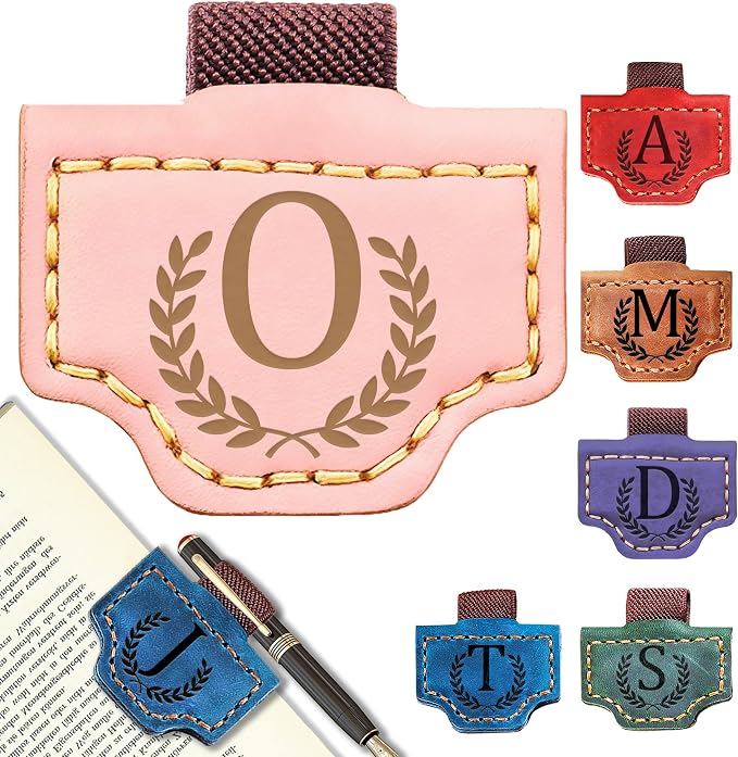 Personalized Leather Magnetic Bookmark with Pen Holder, Bookmark 26 Letters Name Initial Bookmarks for Readers, Book Lover Gifts for Women Men Notebook Accessories (Pink, O)