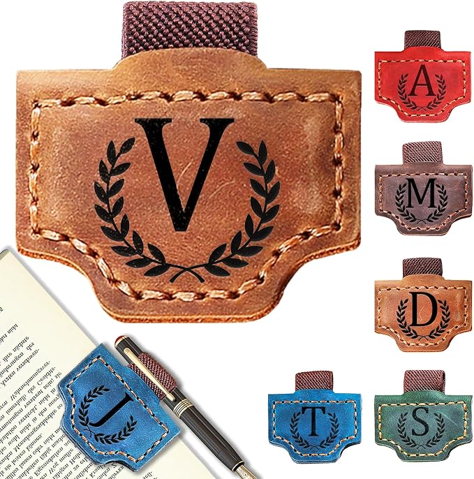 Personalized Leather Magnetic Bookmark with Pen Holder, Bookmark 26 Letters Name Initial Bookmarks for Readers, Book Lover Gifts for Women Men Notebook Accessories (Brown, V)