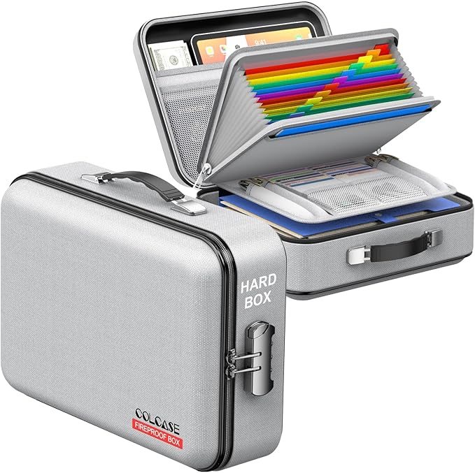 COLCASE Fireproof Document Organzier with Lock, Hard Fireproof Document Box | Hard-Shell Fireproof Waterproof Document Box with Combination Lock Grey