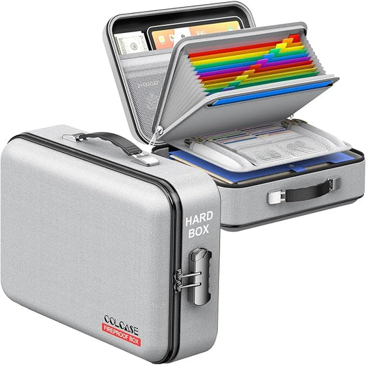 COLCASE Fireproof Document Organzier with Lock, Hard Fireproof Document Box | Hard-Shell Fireproof Waterproof Document Box with Combination Lock Grey
