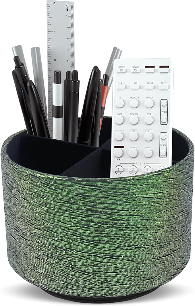Round Leather Art Supply Organizer,Remote Control Holder,360-degree Rotating Pen Organizer with 4 Compartments(1-Light Tree Green)