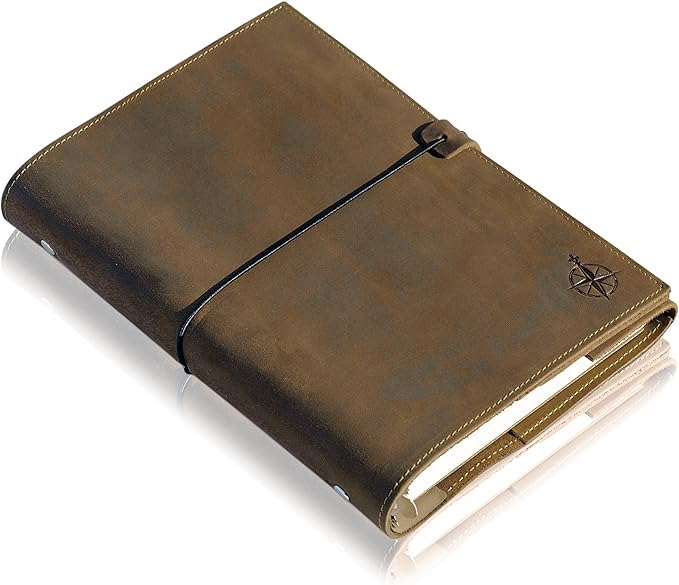 WANDERINGS A5 Leather Binder Planner - Refillable 6 Ring Journal with Inner Pockets - Hand-Crafted Genuine Leather Organizer- Filofax Compatible. 2026/27 Monthly Weekly Calendar with Notes - 6"x8.5"