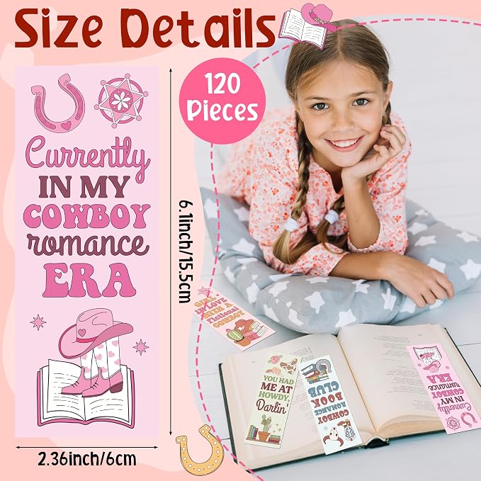 Laffact Cowboy Romance Reader Bookmarks - 120Pcs Valentine's Day Cowboy Western Book Club Reading Tracker, Pink Cowboys Hat and Boots Bookish Gifts Reading Accessories for Book Lover Romance Reader