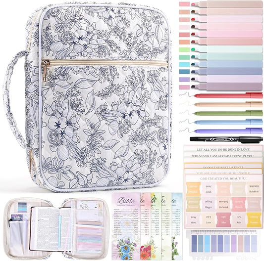 XKDOUS 30 Pcs Bible Bag Kit for Women Quilted Bible Cover Case w/Handle, Tabs, Study Supplies Bible Journaling Kit Large Book Carrying Case Christian Gifts for Mother Lady