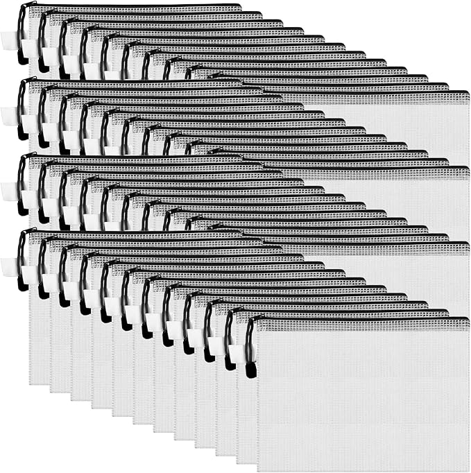 Roowest 48 Pcs A5 Mesh Zipper Pouch Plastic Zipper Pouch Clear Pencil Waterproof Bag with Multipurpose Mesh Storage Bag for School Office(Black)