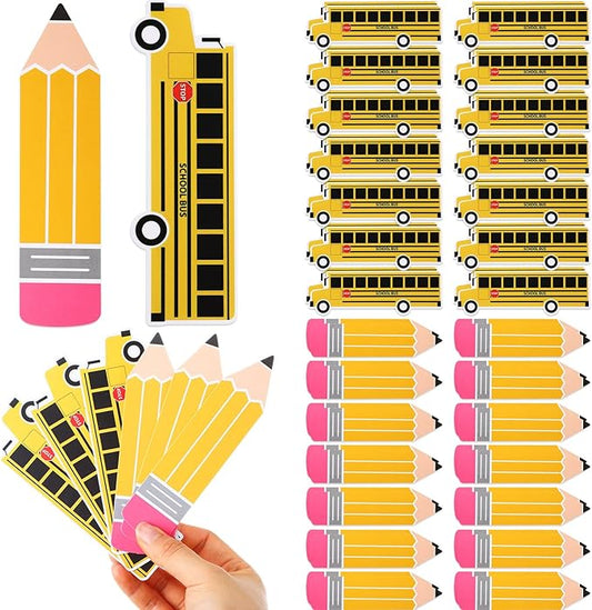 Eersida 48 Pieces Bookmarks Bulk for Kids 2 Styles Classroom Book Marks Cute Book Marks School Bus and Pencil Pattern for Students Back to School Gift Teacher Rewards Prizes First Day Party Favors