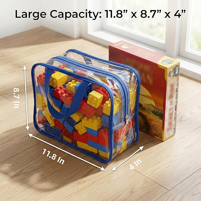 10 Pack Large Toy Storage Bags, Large Clear PVC Zipper Organizer Bags with Handles and Label Stickers, Reusable Storage Bags for Board Game Pieces, Puzzles, Building Blocks, Craft Supplies
