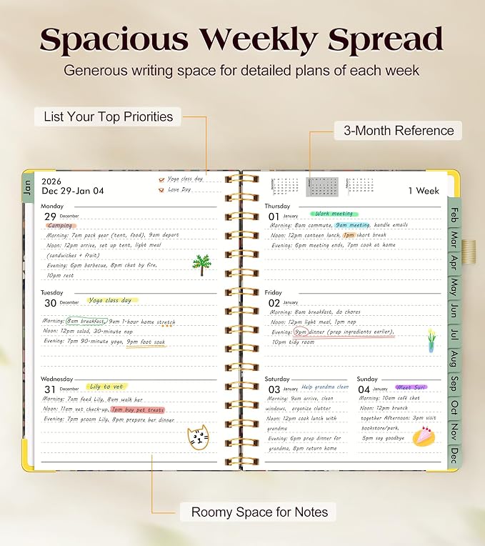 2026 Planner, Hardcover Weekly and Monthly Planner for Women, January 2026 - December 2026, Spiral Yearly Agenda Organizer Book 2026 with Tabs, Daily Calendar Planners for School Work Home, A5 (5.75" x 8.38"), Petals