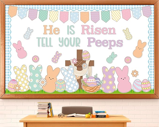 Easter Bunny Religious Cross Bulletin Board Set Jesus He is Risen Classroom Decoration Resurrection Cross Colored Rabbit Eggs Paper Cutouts for Spring Home Sunday School Wall Chalkboard Decor