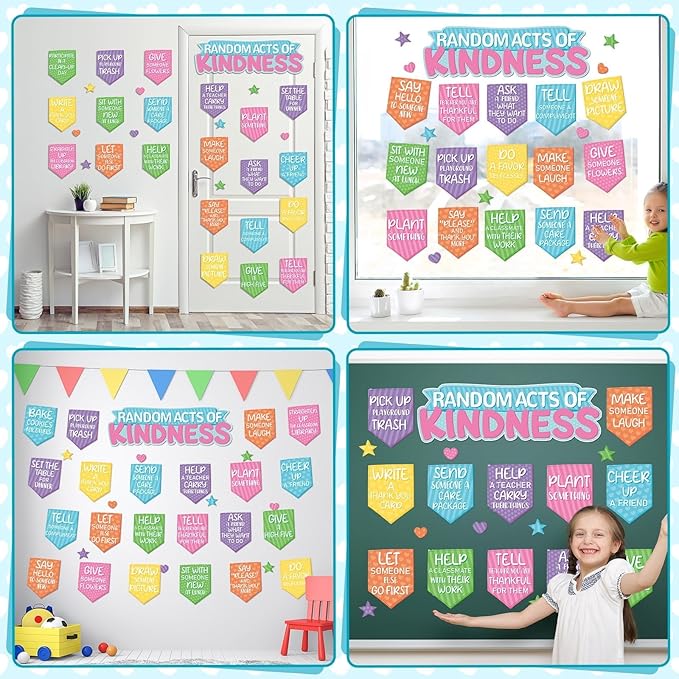 QOUBAI Random Acts of Kindness Bulletin Board Set Colorful Motivational Classroom Bulletin Decorations Rainbow Flip Kind Challenge Cutouts for Back to School Office Home Chalkboard Decor Wall Door