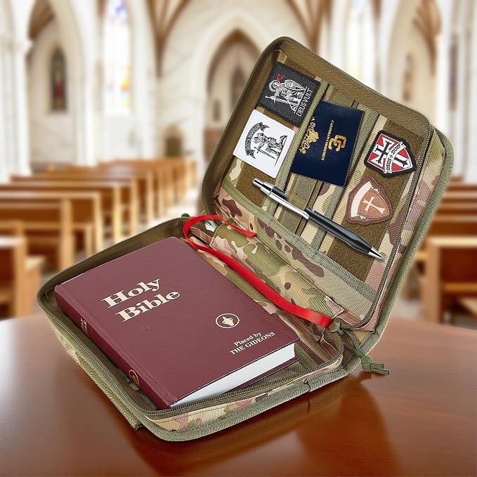 Tactical Bible Case Cover for Men, Bible Book Cover Organizer with Customizable Velcro Patch Panel, Gifts for Men, Women, Friends, Family