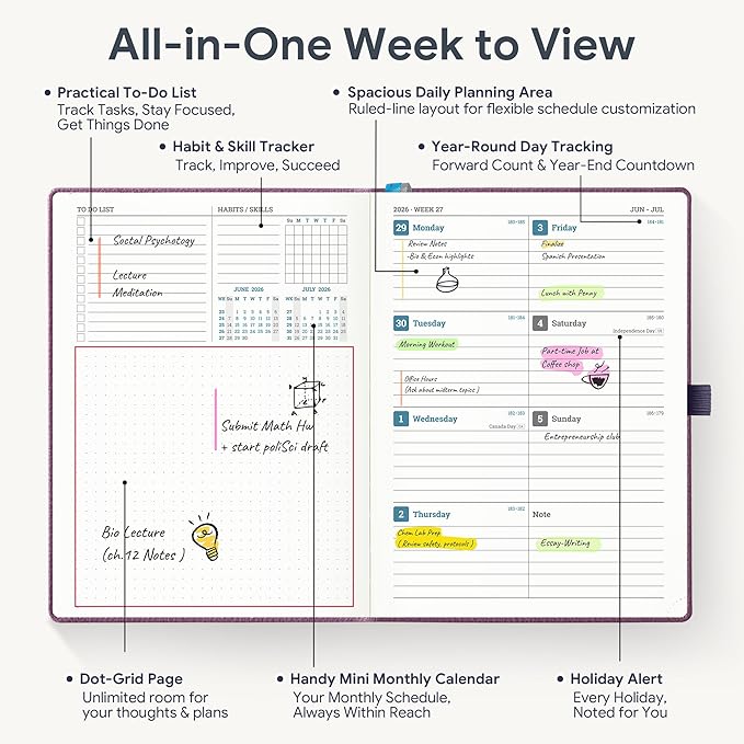 Weekly Planner 2026-2027 A5 (6.5" x 8.5") 12 Months (Jul'26 - Jun'27) Weekly & Monthly Planner with Month Tabs & Inner Pocket, Expenses/Note Pages, PU Leather Purple