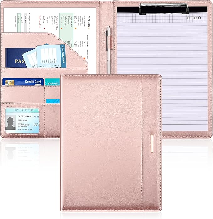 Padfolio with Clipboard, PU Leather Business Portfolio Binder, Interview Resume Folder with Card Holder, A4 Letter Document Organizer Included Writing Note Pad for School Office Conference (Rose Gold)